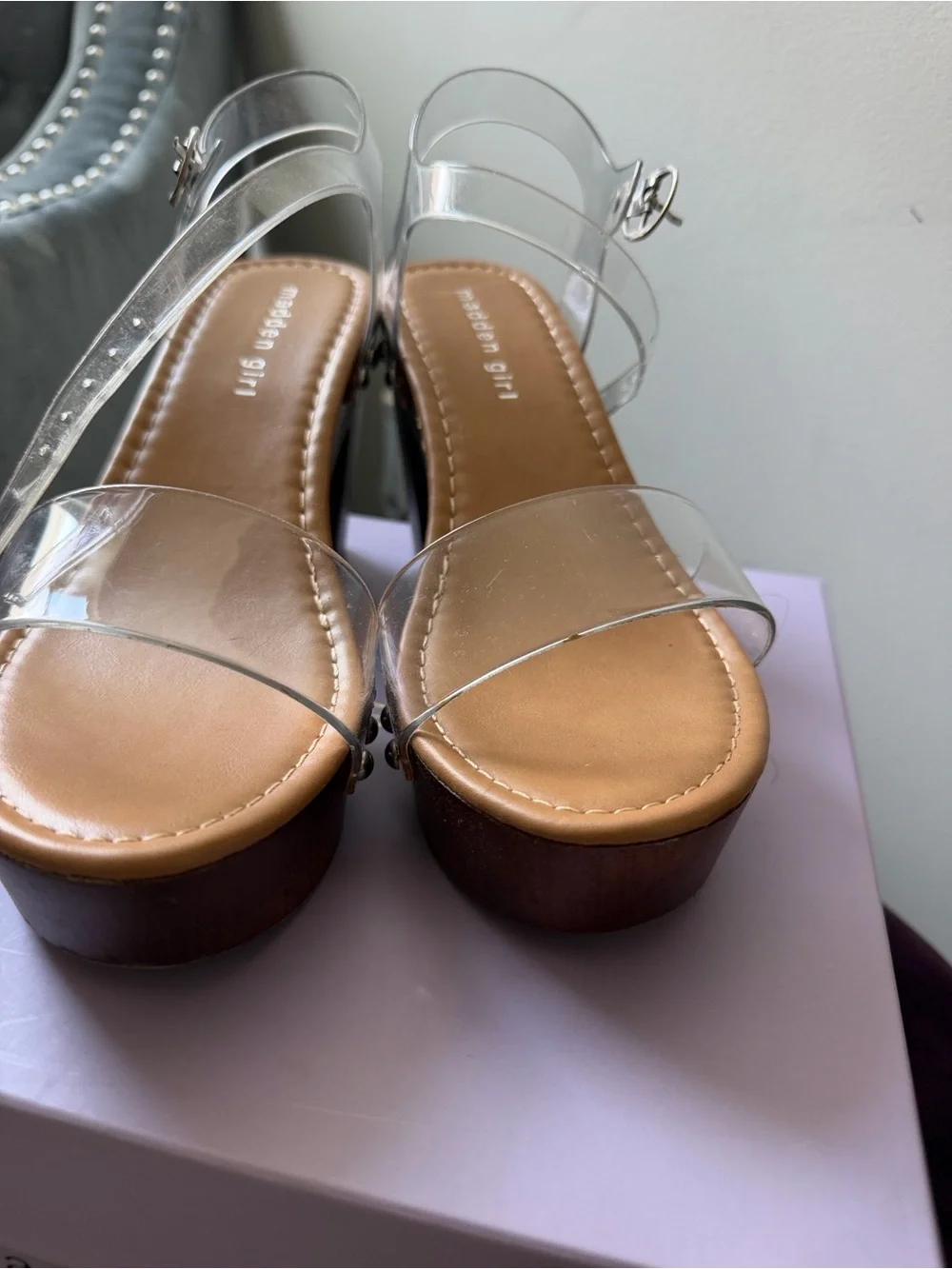 Madden Girl Clear Strap Wood-Effect Platform Sandals - Clear & Brown